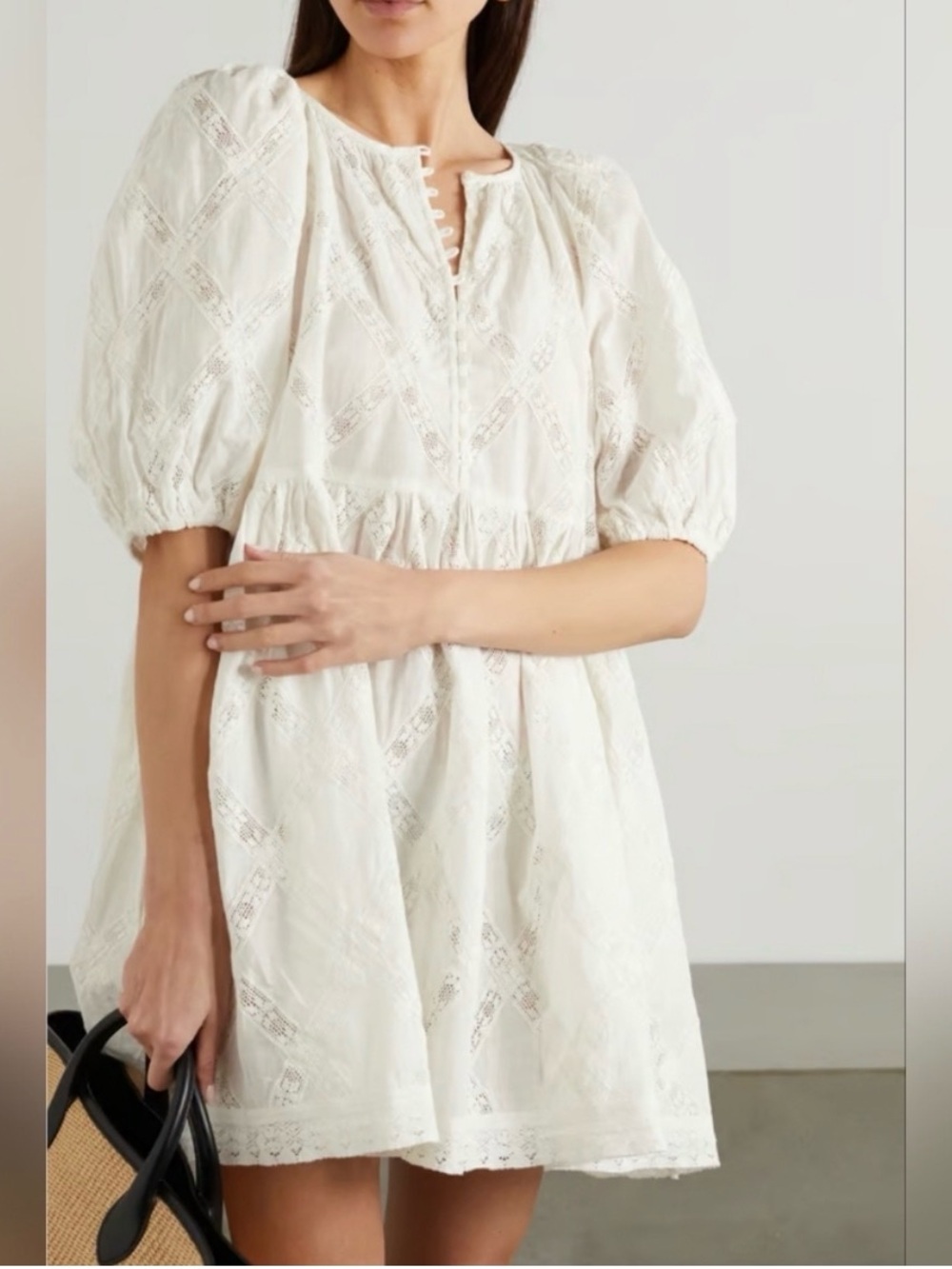 THE GREAT. The Pathway Crochet-trimmed Cotton-voile Mini Dress Size 2/Medium